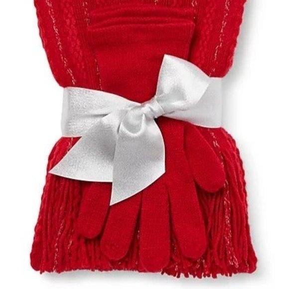 NEW 2-piece set Bundle Metallic Thread lurex Scarf and Gloves RED Soft Holidays - Picture 2 of 7